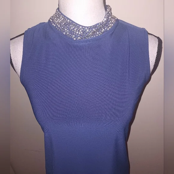 New Tatiana B. Elegant Blue Pearl & Rhinestone Embezzled Sleeveless Top - Picture 2 of 6